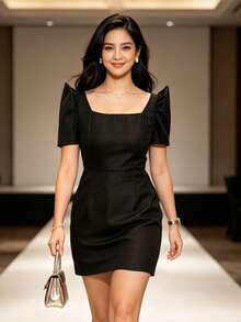 Modern Philippine Style Elegant Dress, Butterfly Sleeve Philippine Style, Party Dress, Solid Color Square Neck Dress - Black - View 3