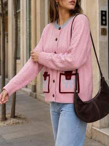 JIANHU Pink Bow Pocket Cardigan - Autumn/Winter - Pink - View 6