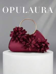 OpulAura 女款精緻迷人花卉晚宴手拿包，花瓣設計手提包，適合晚禮服搭配，適用於婚禮/度假/正式派對/舞會等場合，附鏈條，花瓣形狀隨機發貨 - 酒紅色 - 查看 1