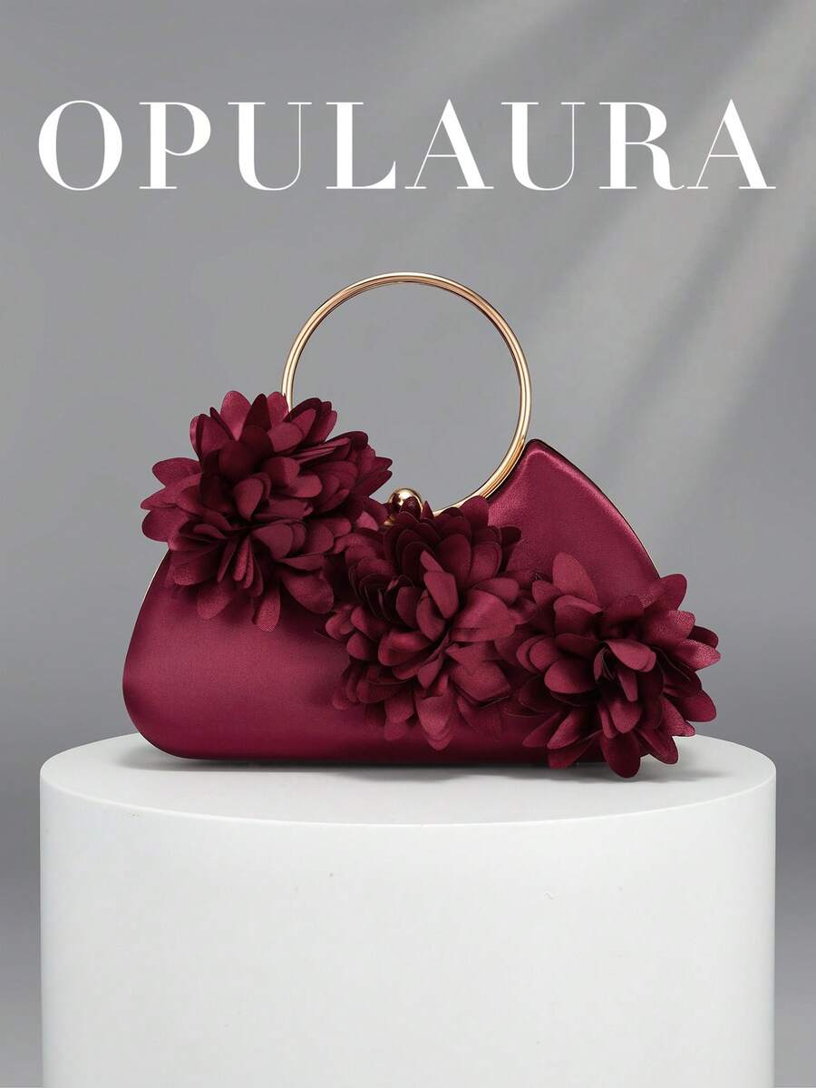 OpulAura 女款精緻迷人花卉晚宴手拿包,花瓣設計手提包,適合晚禮服搭配,適用於婚禮/度假/正式派對/舞會等場合,附鏈條,花瓣形狀隨機發貨 - 酒紅色 - 查看 1