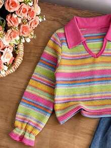 Girls' Fashionable Colorful V-Neck Long Sleeve Cuffed T-Shirt With Turn-Down Collar And Fuchsia Lace Button Decor Denim Mini Skirt - Multicolor - View 3