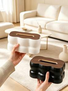 1pc Household Plastic Tissue Box With Cloud-Shaped Wooden Lid, Minimalist Desktop Storage Organizer, Solid Color, Soft Touch Texture, Casual Home Style, Suitable For All Seasons, For Adults, Ideal For Dining Room, Living Room, Bathroom Desktop Organization - Multicolor - View 4