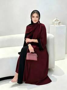 3-Piece Set Elegant Solid Color Middle Eastern Long Sleeve Open Front Robe + Vest Dress + Matching Hijab Set, Robe With Hijab 3-Piece Set, Arabic Clothing - Red and Black - View 4