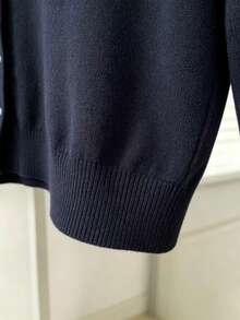 French Style Colorblock Lapel Knit Cardigan, Minimalist Single-Breasted Loose Fit Versatile Sweater Jacket - Navy Blue - View 5