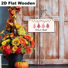 2D Flat Wooden Printed Hanging Sign, Bright Christmas Merry Wooden Hanging Decor Board With Pink Christmas Tree And Bow Light Elements, Delicate Texture, Exquisite Design, Suitable For Home, Room, Office Wall Decoration, Full Of Atmosphere, Practical And Beautiful Holiday Decorative Sign - 1PC - View 2