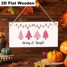 2D Flat Wooden Printed Hanging Sign, Bright Christmas Merry Wooden Hanging Decor Board With Pink Christmas Tree And Bow Light Elements, Delicate Texture, Exquisite Design, Suitable For Home, Room, Office Wall Decoration, Full Of Atmosphere, Practical And Beautiful Holiday Decorative Sign - 1PC - View 4