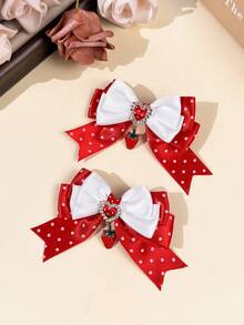 2pcs Polka Dot Satin Bow Hair Clips With Rhinestone Heart & Strawberry Pendant, Sweet Lolita Hair Accessories For Dating, Daily Wear And Photo Shoots - Multicolor - View 4