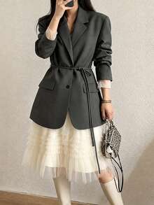 Blazer Wanita Musim Gugur/Dingin, Modis, Warna Polos, Berlapisan, Ukuran Besar, Bantalan Bahu, Bahu Lebar, Kancing Tunggal, Berikat Pinggang, Panjang Sedang, Lengan Panjang - Grey - View 3