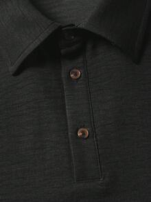 Blueprint Man 1pc Men's Black Long Sleeve Polo Shirt, Classic Turn-Down Collar With Half-Button Placket Henley Neck Design, Faux Linen Fabric, Comfortable And Fresh, Solid Color Minimalist Style, Suitable For Commute And Daily Wear, Old Money Style - Black - View 5