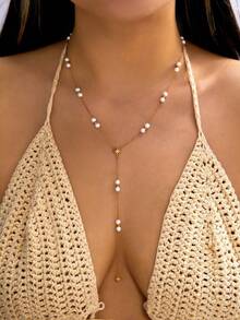1pc Women's Y-Shaped Necklace With Finger Bracelet, Gold Stainless Steel, Waterproof, Fade-Resistant, Hypoallergenic, Inlaid With CZ Stars And Faux Pearl Beads, Elegant Style, Suitable For Daily Wear, Parties And Dates - Multicolor - View 2