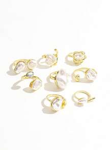 8PCS French Vintage Gold Baroque Asymmetrical Faux Pearl Finger Rings, Asymmetrical Pearl Texture Metal Rings, Daily Commute Versatile Stackable Ring Set For Women - Gold - View 5