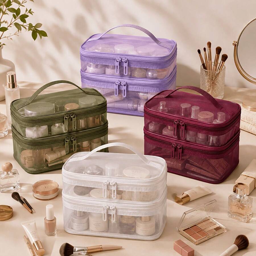 Tas Penyimpanan Perlengkapan Mandi Transparan Dua Lapis Kapasitas Besar, Tas Organizer Kosmetik Genggam Portabel dengan Kompartemen, Tas Penyimpanan Perlengkapan Mandi untuk Perjalanan & Perjalanan Bisnis - View 1