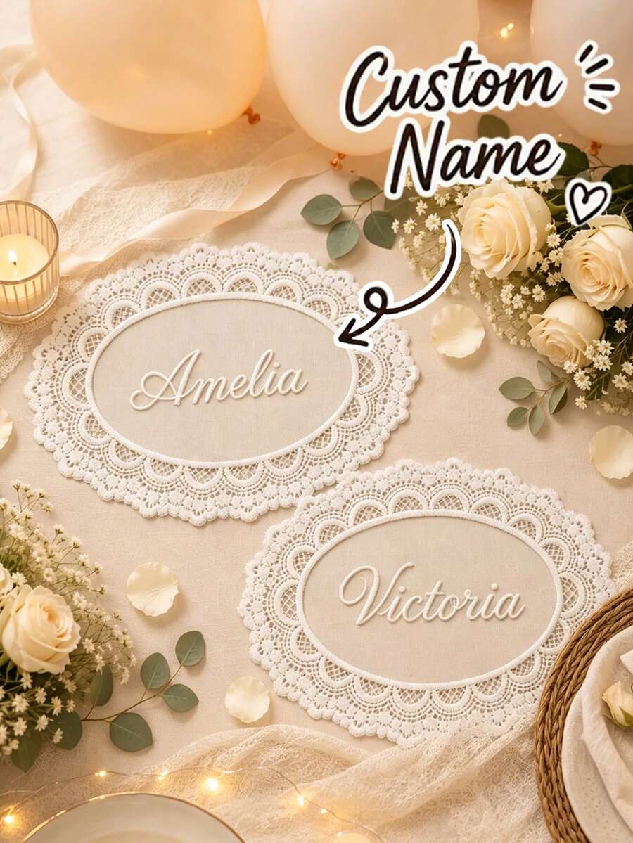 Personalized Lace Wedding Applique, Customized Embroidered Bridal Patch, Personalized Bride Name And Date Patch, Engagement Gif - Multicolor - View 1