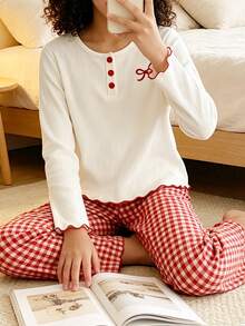 Spring And Autumn Girls' Sweet White Pit Bar Bow Printed Long Sleeve+Red And White Grid Straight Leg Pants Sleepwear Two Pieces Set,Girls' Home Clothes - Red - View 6