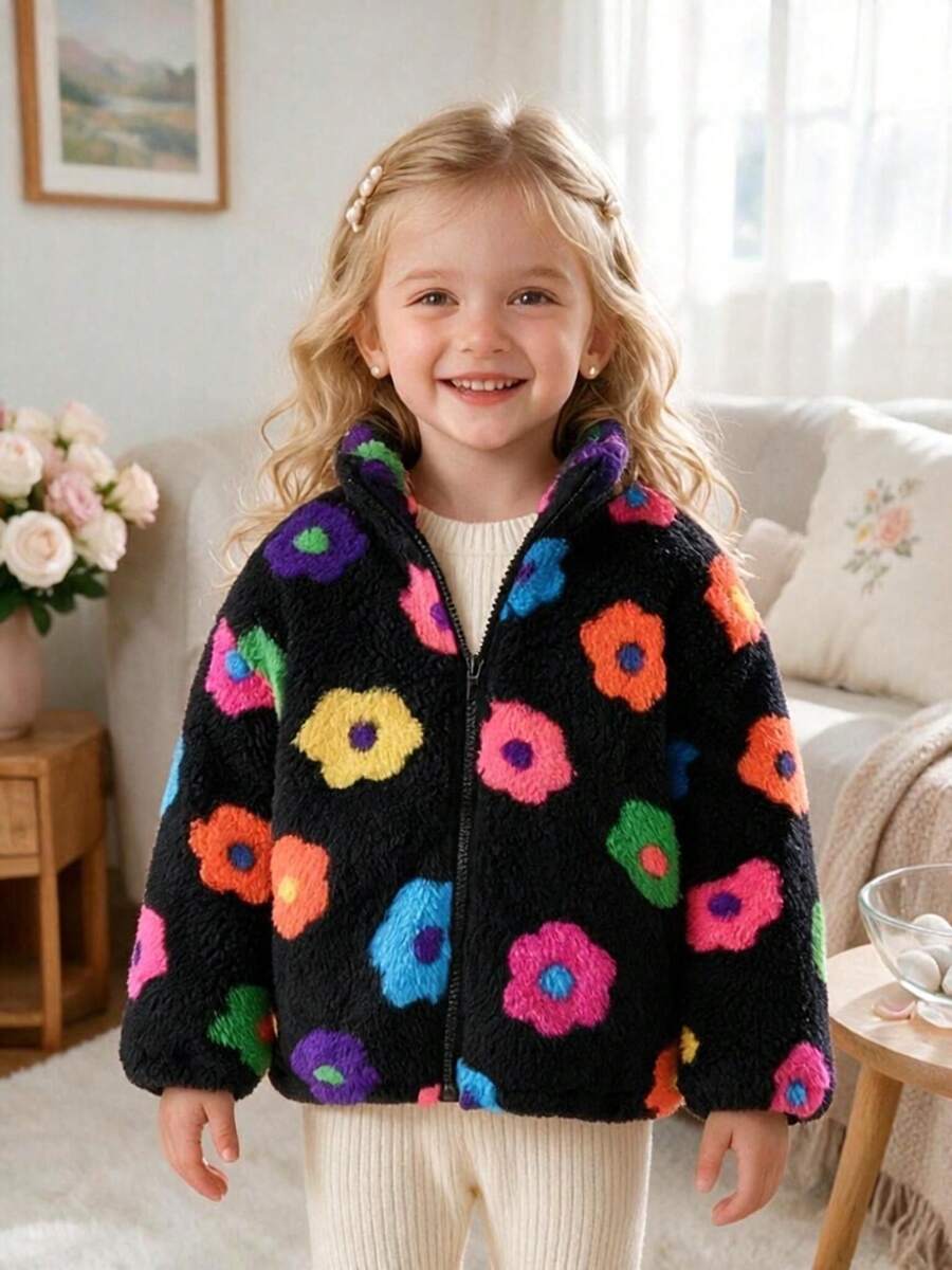 Young Girls Autumn/Winter Colorful Floral Plush Jacket, Young Girl Stand Collar Zipper Warm Fleece Coat - Black - View 1