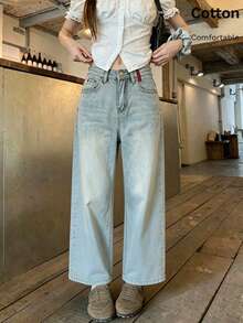 Women's All-Season Lightweight Wide Leg Jeans - Red Embroidered Back Pockets - Slimming Versatile Straight Leg Pants - Light Denim Blue - View 4