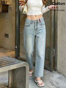 Women's All-Season Lightweight Wide Leg Jeans - Red Embroidered Back Pockets - Slimming Versatile Straight Leg Pants - Light Denim Blue - View 6