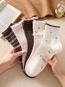 4 Pairs Women's Cute Sweet Breathable Floral Striped Embossed Lace Pattern Mid-Calf Socks Ankle Socks Casual Comfortable Preppy Style Student Socks Fashionable Comfortable Random Colors Suitable For Daily Wear Spring Summer Autumn Winter All Seasons - Multicolor - View 2
