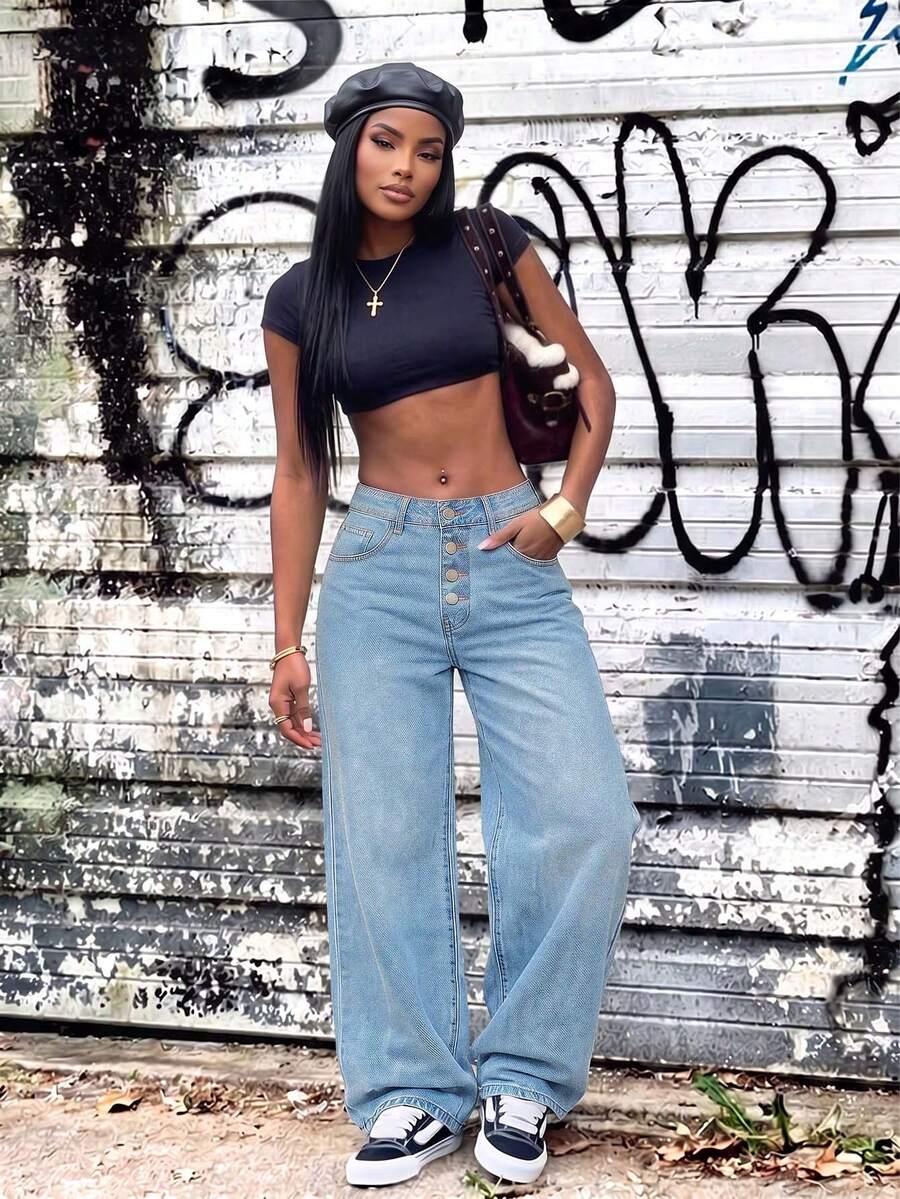Low Waist Wide Leg Casual Blue Slant Pocket Curved Women Jeans - Baby Blue - View 1