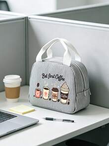 Striped Lunch Bag Featuring Coffee-Themed Patterns And Lettering.Reusable Insulated Lunch Box, Large Capacity Thermal Bag, Comes With Black Utensil Storage Bag, Snack Storage Bag, Multi-Functional Travel Storage Bag, Makeup Bag, Toiletry Bag, Suitable For School, Commute, Dorm, Picnic, Vacation, Birthday Gift, Halloween Christmas Gift - Multicolor - View 9