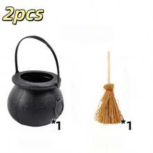 2/4/6pcs Mini Plastic Witch Cauldron With Mini Witch Broom, Black With Handle Witch Cauldron Bucket, Halloween Candy St. Patrick's Day Coin Storage Box And Party Favor - Multicolor - View 7