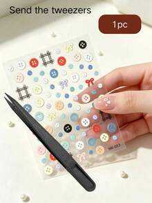 1pc Gentle & Sweet Printed Decorative Sticker + Free Tweezers, Multiple Styles Available, Macaron Pastel Color Palette, Collection Of Buttons, Floral, Plaid, Bows, Cherries And Other Diverse Elements, Thin And Smooth Texture, Waterproof And Moisture-Resistant, Soft Adhesive Backing With No Residue, Exquisite And Rich Patterns, Can Decorate Notebooks, Speakers, Lighters, Aromatherapy And Other Personal Items, Create A Gentle And Unique Appearance - Button Series - View 6