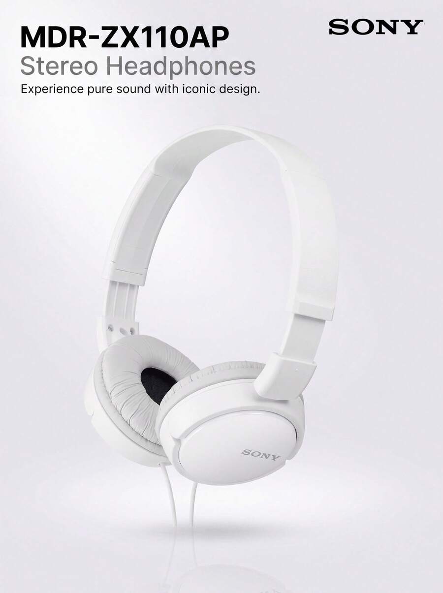 Sony Headphone Over-Ear MDR-ZX110AP Berkabel, Desain Ringan dan Dapat Dilipat, Bantalan Kepala Lembut untuk Pemakaian Jangka Panjang, Dilengkapi Mikrofon, Kualitas Panggilan Jernih, Cocok untuk Kantor dan Belajar, Warna Putih, Antarmuka 3.5mm