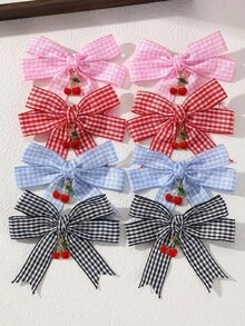 2pcs/8pcs Women's Fashionable College Style Pink Red Blue Black Dual-Color Checkerboard Bow Hair Clips, Cherry Pendant Checkerboard Hair Clips, Cute Hair Accessories For Campus Daily Wear, Birthday Party, Suitable For Daily Party Gathering Decoration And Matching - Multicolor - View 4
