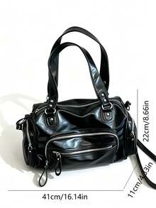 Bolso Tote de tela brillante desgastada con múltiples bolsillos y detalle de cremallera, estilo relajado y casual, gran capacidad holgada, adecuado para ir al trabajo, compras, viajes y salidas, diseño vintage de nicho horizontal - Negro - Ver 2