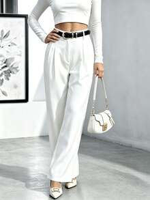 Women's Solid Color Pocket Draped Button Casual Wide Leg Long Pants - White - View 5