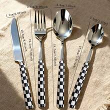 4/24pcs Unique Checkered Pattern Stainless Steel Tableware Set, Beautiful And Elegant Porcelain, Multiple Colors, Including Ceramic Handle Silverware, Creative Kitchen, Including Forks, Table Knife, Spoons, Dessert Spoon, Suitable For Daily Dining - Multicolor - View 4