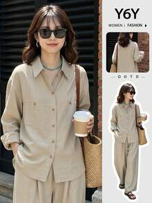 Y6Y New Light Coffee Color Premium Long Sleeve Autumn Women's Button Front Blouse Shirt - Light Coffee - View 9