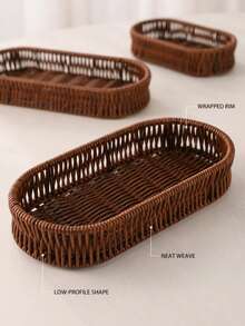 1pc Woven Rattan Storage Tray Basket, Aesthetic Home Storage Box, Suitable For Kitchen, Bathroom, Vanity, Bedroom And Office, Rectangular Desktop Organizer, Can Hold Tableware, Cosmetics, Jewelry, Snacks, Tea Bags, Keys And Daily Essentials, Autumn Winter Home Decor - Brown - View 9