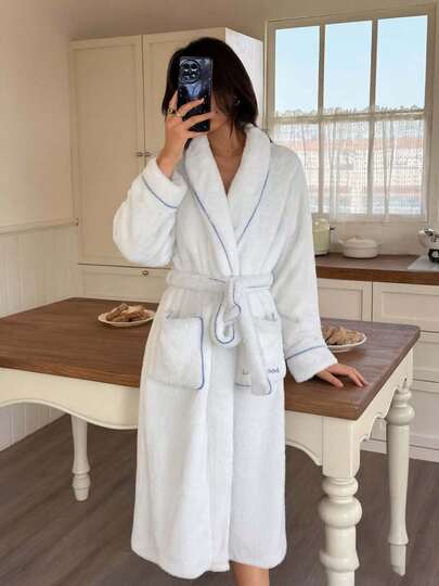 Jubah Mandi Bulu Karang Tebal Musim Gugur/Dingin untuk Wanita, Jubah Mandi Mewah Kerah Syal, Pakaian Rumah Panjang Berlapisan Bulu, Cocok untuk Dipakai di Luar Ruangan