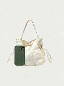 Women's Ruched Texture Bucket Bag With Adjustable Spaghetti Strap, Loose Multi-Compartment Storage, Drawstring Closure, Niche Style, Versatile Crossbody Shoulder Bag For Daily Wear, Dating, Parties, Travel, Shopping And Casual Outings - Beige - View 3