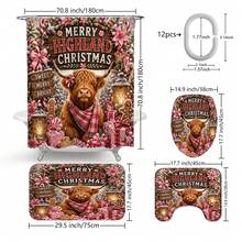 1pc/4pcs Christmas Pink Flower Candy Highland Cow Multi-Functional Bathroom Decor Shower Curtain Set, Free 12 Hooks, Premium Holiday Atmosphere, Bathroom Mat, U-Shaped Rug And Round Toilet Lid Cover, Suitable For All Christmas Scenes Decoration - Pink Flower Highland Cow - View 3