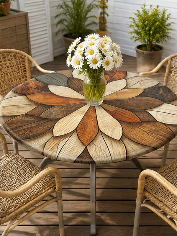 1pc Round Fitted Tablecloth With Elastic Edge, Faux Wood Grain Geometric Floral Print Stretch Table Cover, Rustic Farmhouse Decor For Dining Table, Patio, Picnic, Garden & Outdoor