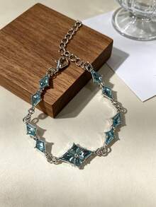 1pc Silver Tone Blue Rhombus Crystal Clover Bracelet, Hypoallergenic Four-Leaf Clover Chain Bracelet, Dainty Stackable Party Jewelry Gift For Women - Blue Crystal Four-leaf Clover Bracelet - View 7