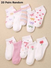 5/10/20 Pairs Random Style Halloween Bowknot Floral Striped Heart Pattern Girls Short Socks, Back To School Season Children Socks, Soft Elastic Breathable School Socks - Multicolor - View 18