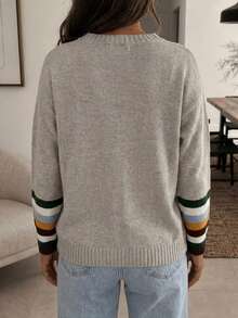 Women's Vintage Round Neck Drop Shoulder Long Sleeve Knit Sweater, Light Gray Slouchy Contrast Stripe Cuffs Versatile Pullover - Grey - View 2