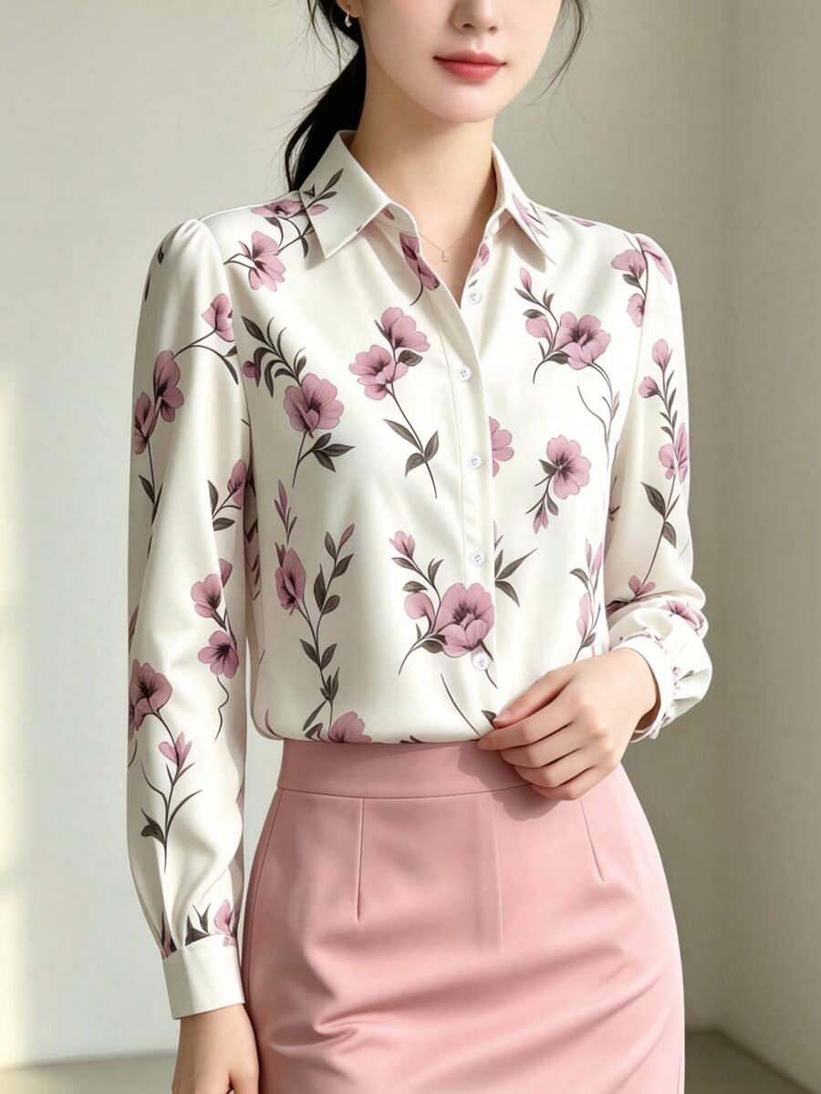 YUXIN 女款現代全花卉印花襯衫，長袖領口鈕扣開襟上衣，適合秋季日常街頭穿著與度假