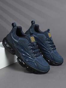 Men's Navy Chunky Air Cushion Sneakers, Mesh Spliced Shock‑Absorbing Non‑Slip Outdoor Sports Shoes - Navy Blue - View 3