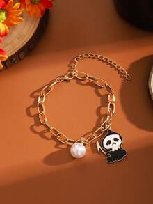 1pc Halloween Pumpkin Witch Hat Dangle Rhinestone Bracelet Adjustable Gold Wavy Chain Party Jewelry - Gold - View 8