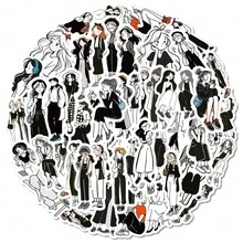 56pcs Black-And-White Girl Cartoon Sticker Ins Style Simple Mobile Phone Shell Plane Decoration Sticker Halloween Decoration Autumn Decoration Sticker Cute Halloween Christmas Scrapbook Supplies Paper. - Multicolor - View 1