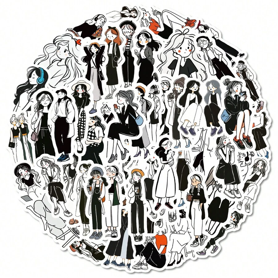 56pcs Black-And-White Girl Cartoon Sticker Ins Style Simple Mobile Phone Shell Plane Decoration Sticker Halloween Decoration Autumn Decoration Sticker Cute Halloween Christmas Scrapbook Supplies Paper. - Multicolor - View 1