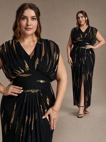 EVERPRETTY Plus Size Elegant Luxury Sequin Embroidered Batwing Sleeve Slit Bodycon Dress Formal Evening Gown For Gala Party And Mother Of The Bride - Multicolor - View 2