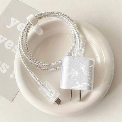 Juego de 5 piezas de protectores de cargador de teléfono con diseño plano 2D de vida marina, cubierta de cabezal de cargador + protector de cable + cuerda de almacenamiento + protector de cable de datos con envoltura espiral, compatible con cargador 20W/18W