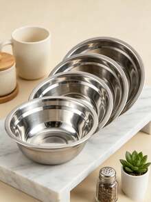 4-Piece Thickened Stainless Steel Multi-Purpose Bowl Set, Stackable Storage In Various Sizes, Mirror Finish Easy To Clean, Rolled Edge Smooth And For Hands. Suitable For Washing Vegetables, Rinsing Rice, Mixing Salads, Kneading Dough, Marinating Ingredients, Kitchen Prep, Baking, Cooking, Family Gatherings, Durable And Rust-Resistant, Suitable For Home And Commercial Use, Large Capacity Practical Mixing Bowl Set, Christmas, Halloween, Thanksgiving, Easter, New Year's Eve, Back To School, Gift. - View 6