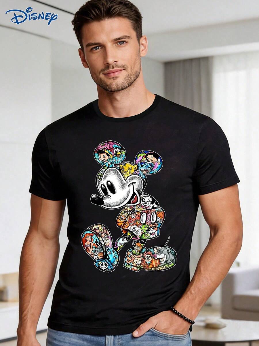 Disney 1pc Men's Short Sleeve T-Shirt, Loose Fit, Mickey Mouse Graphic Print, Crew Neck With Slight Stretch - Black - View 1