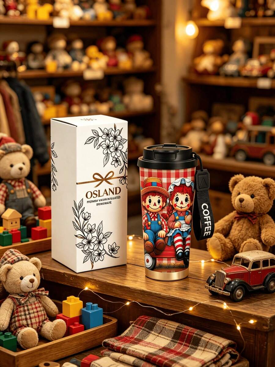 1pc/5pcs 500ml Halloween Vintage Doll Travel Mug, Double-Wall Stainless Steel Insulated Cup For Iced Coffee, Oat Milk, Cute Vintage Doll Couple & Plaid Print, Daily Use Insulated Cup, Birthday Gift For Son/Daughter, Holiday Gift - Multi-color - Plush Toy - View 1
